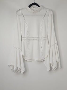 VENUS Bell Sleeve White Whimsigoth Mock Turtleneck Top w Embroidered Cutouts